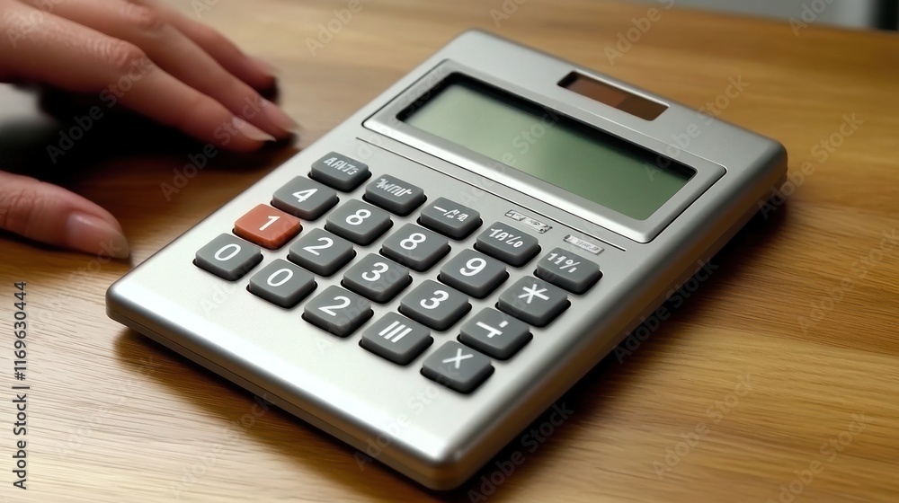 A Silver Calculator Rests On A Wooden Surface A Silver Calculator Rests On A Wooden Surface