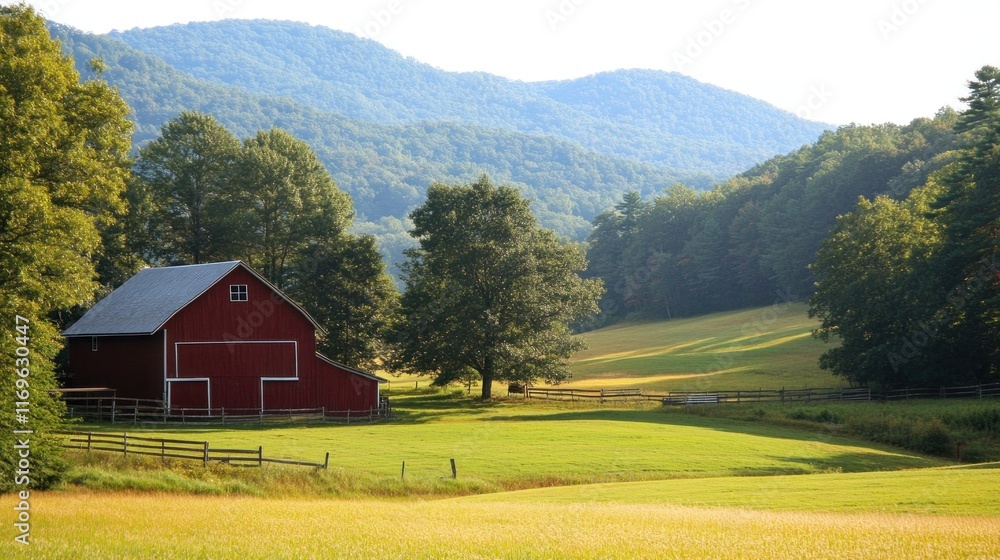 Red Barn in Rolling Green Hills Landscape Red Barn in Rolling Green Hills Landscape