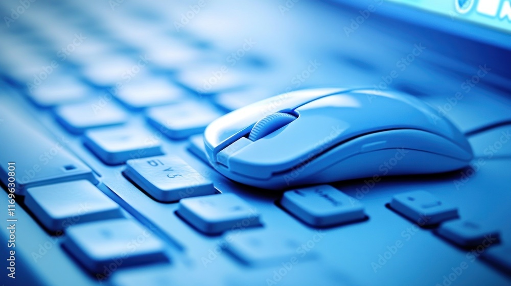 Blue Computer Mouse Rests On Keyboard Blue Computer Mouse Rests On Keyboard