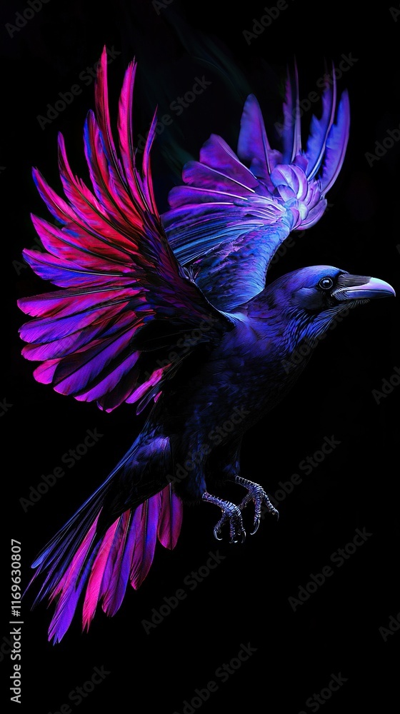 Obraz premium Beautiful raven in mid-caw with colorful feathers and dynamic pose