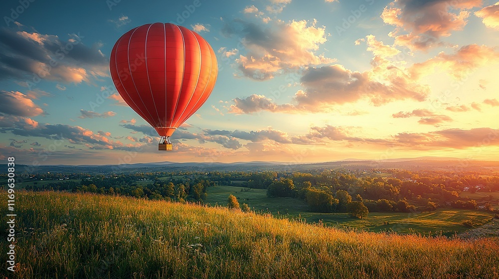 Obraz premium Red hot air balloon over green hillside under blue sky during sunset