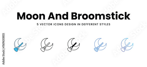 Moon And Broomstick icons different style vector stock illustration