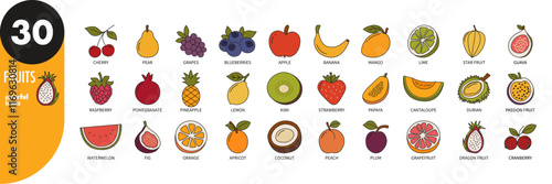 Colorful fruits icons set, vector. Cherry, strawberry, kiwi, apple, berry, lemon, fig, pineapple, pear, grapes, banana, melon, grapefruit, coconut, mango, plum, peach, lime, passion fruit, durian