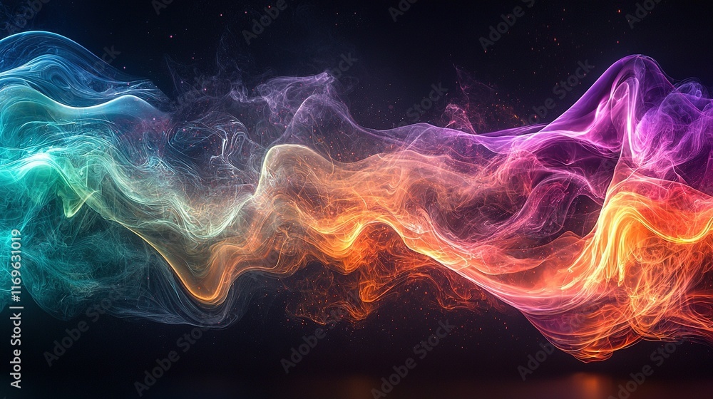 Obraz premium Multicolored smoke on black background with reflective light on the left