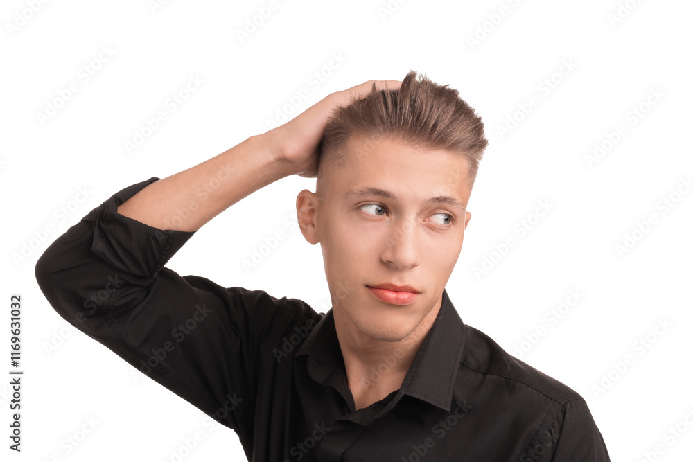 Confident young man with stylish haircut on white background Confident young man with stylish haircut on white background