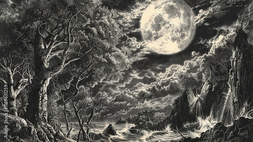   A monochrome depiction of the moon residing above a waterway and an expanse of treetops