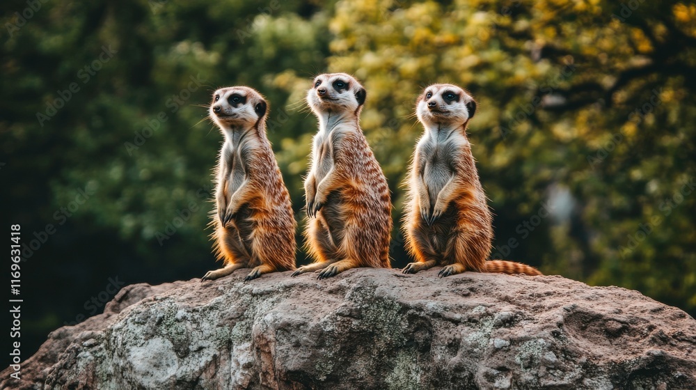 Fototapeta premium Trio of Meerkats Standing on a Rock