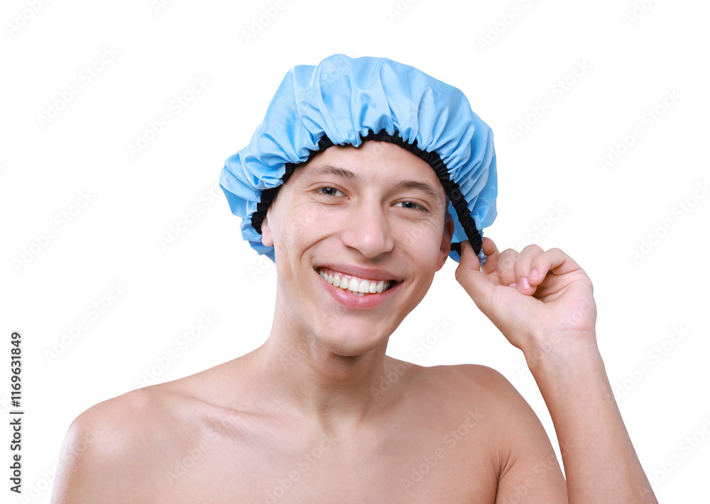 Happy man wearing shower cap on light grey background Happy man wearing shower cap on light grey background