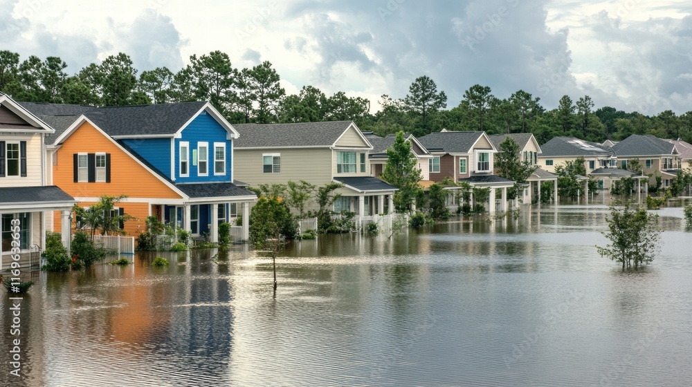Flooded houses in suburban neighborhood after natural disaster Flooded houses in suburban neighborhood after natural disaster