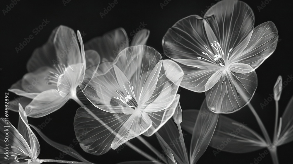 Fototapeta premium A monochrome photograph of a bouquet of flowers placed against a black background