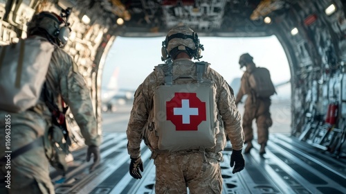 Soldiers preparing for a medical evacuation mission aboard a military aircraft at dawn. Generative AI