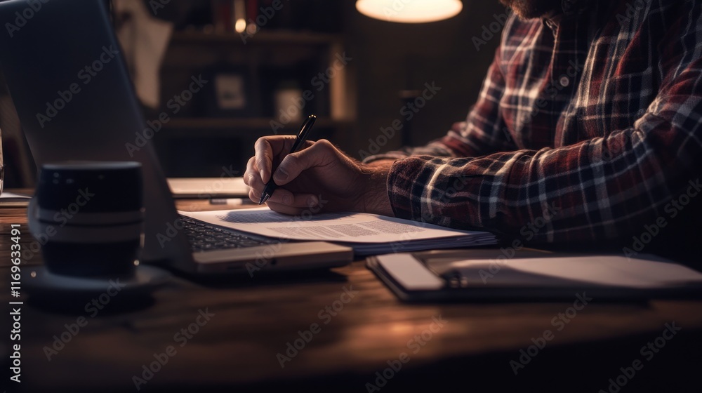 Man writing on documents at night using laptop Man writing on documents at night using laptop