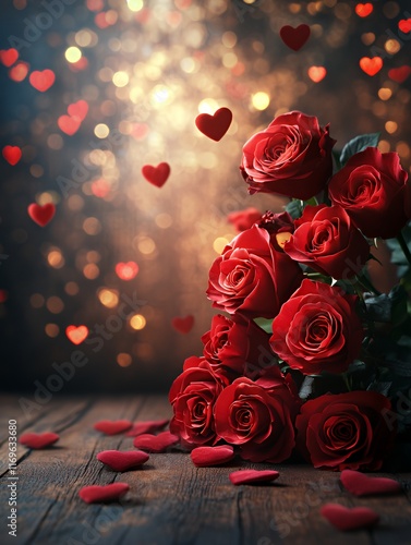 Red Roses Arranged Beautifully With Scattered Petals and Floating Hearts Creating a Romantic Atmosphere for a Special Occasion