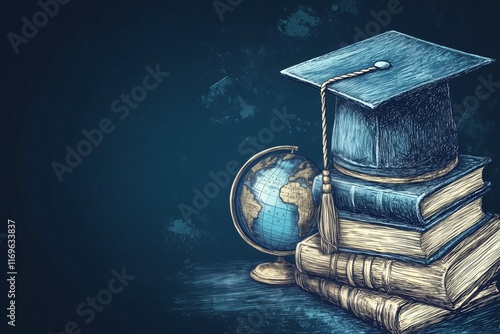 Graduation cap on books with globe symbolizing global education