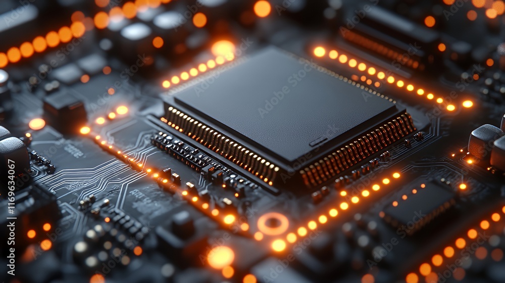 Close-up of a Circuit Board Featuring Intricate Electronic Components Illuminated by Orange Lights