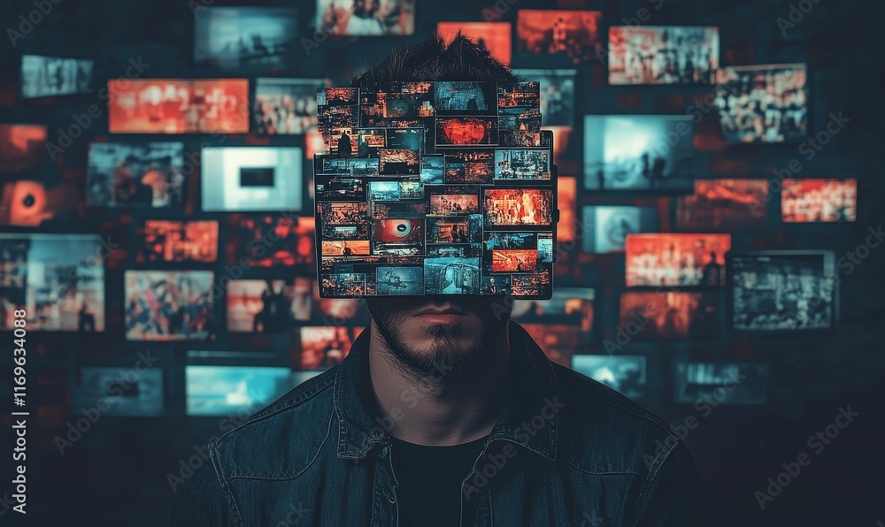 Person obscured by screen showing many images. Person obscured by screen showing many images.