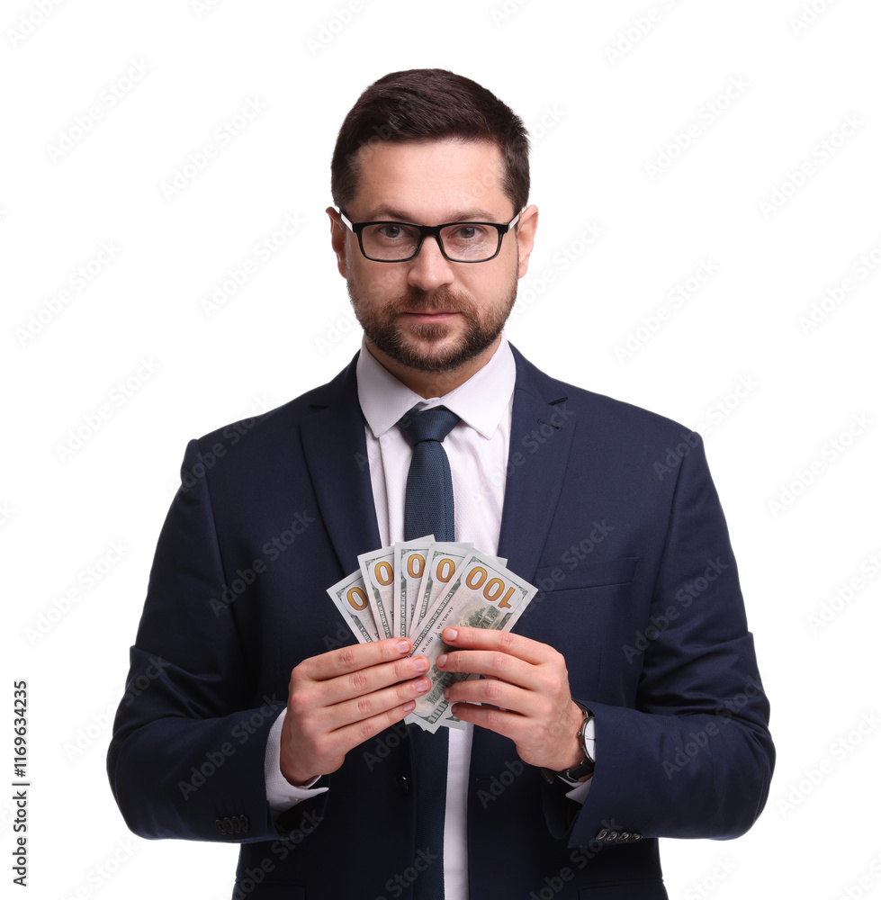 Portrait of banker with dollar banknotes on white background Portrait of banker with dollar banknotes on white background