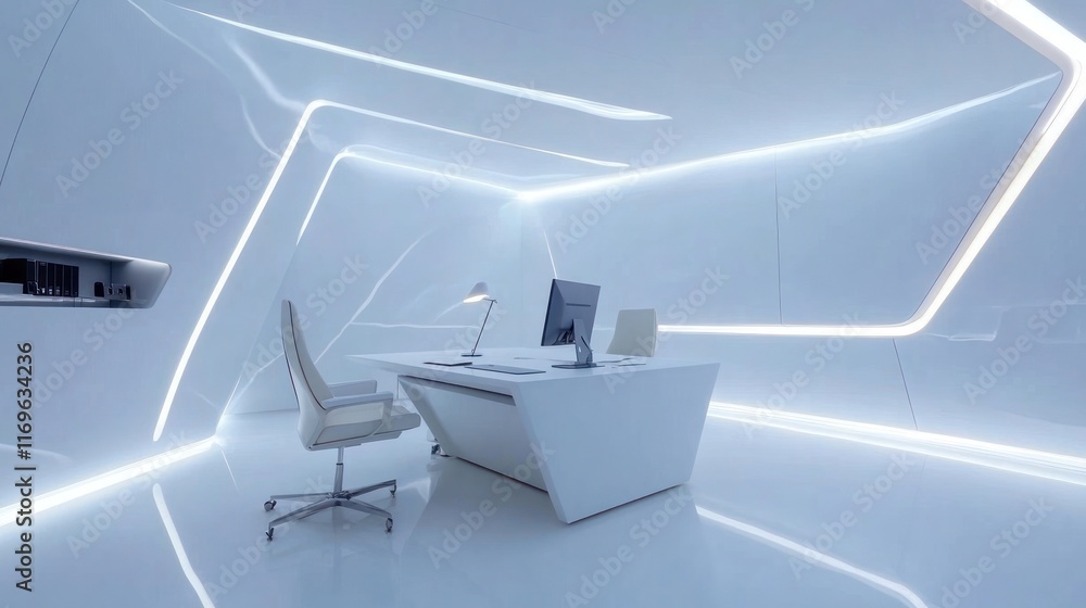 Modern Futuristic Office Workspace Design With White Furniture Modern Futuristic Office Workspace Design With White Furniture