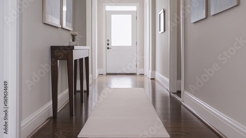 Elegant Hallway Interior Design Featuring White Walls And Dark Wood Floors photo