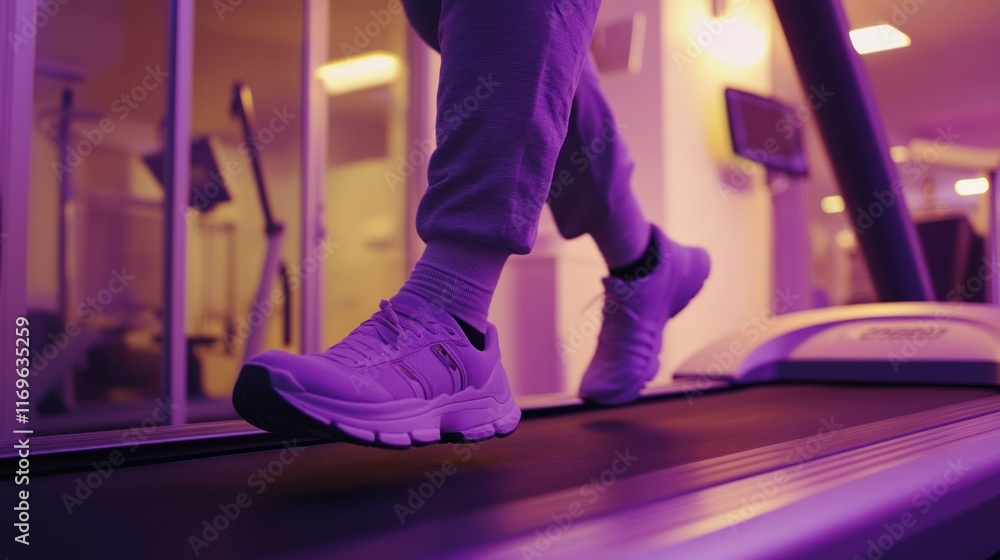 Fototapeta premium Person running on a treadmill in a gym at night