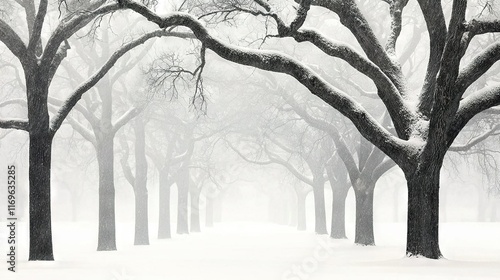  B&W image of a snow-covered park with trees in fg & snow on gnd photo