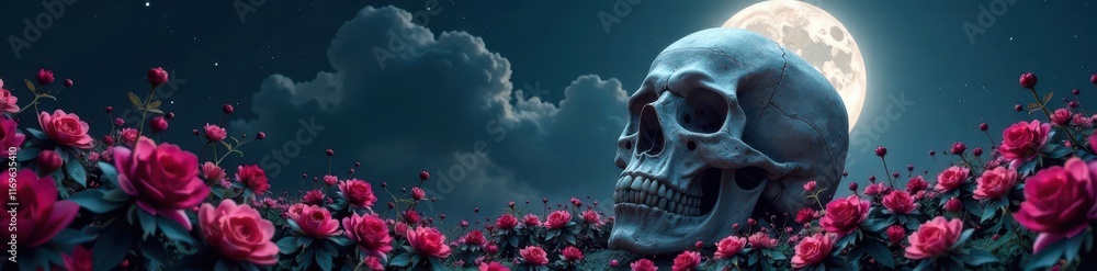 Large moon casts shadows on skull and blooming flowers, dark night , texture, blossoms, macabre Large moon casts shadows on skull and blooming flowers, dark night , texture, blossoms, macabre