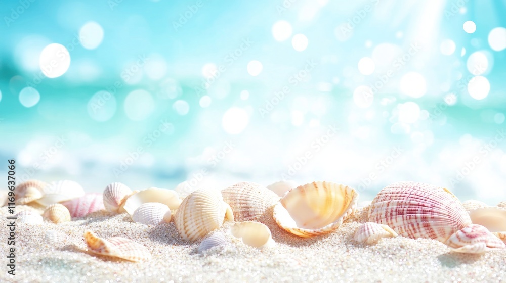 Seashells on Sandy Beach with Bright Sunny Background Seashells on Sandy Beach with Bright Sunny Background