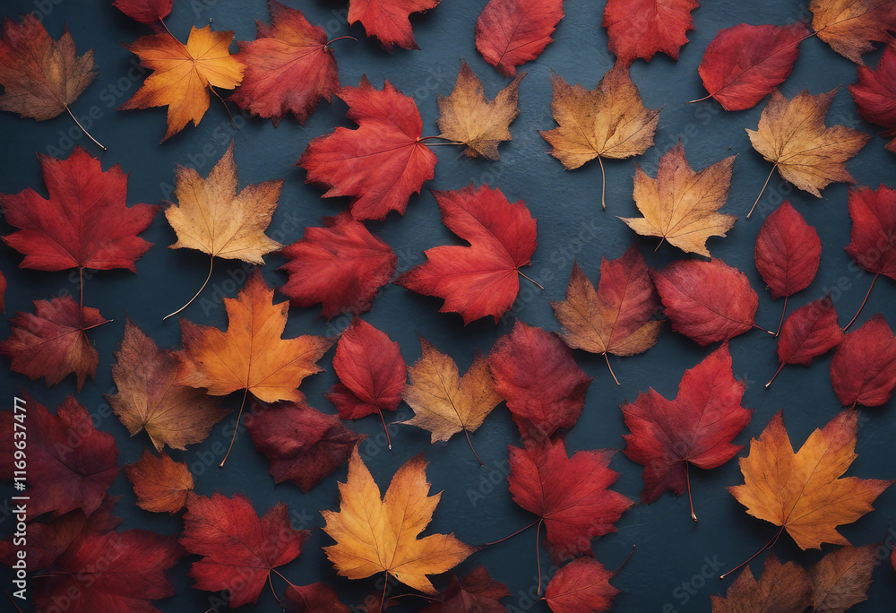 Autumn background with colored red leaves on blue slate background Top view copy space Autumn background with colored red leaves on blue slate background Top view copy space