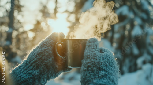 A cozy and heartwarming winter scene featuring a steaming mug of hot cocoa topped with fluffy marshmallows, resting on a rustic wooden coffee table in front of a crackling fireplace.