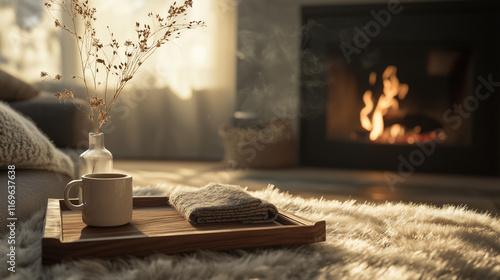A cozy and heartwarming winter scene featuring a steaming mug of hot cocoa topped with fluffy marshmallows, resting on a rustic wooden coffee table in front of a crackling fireplace.