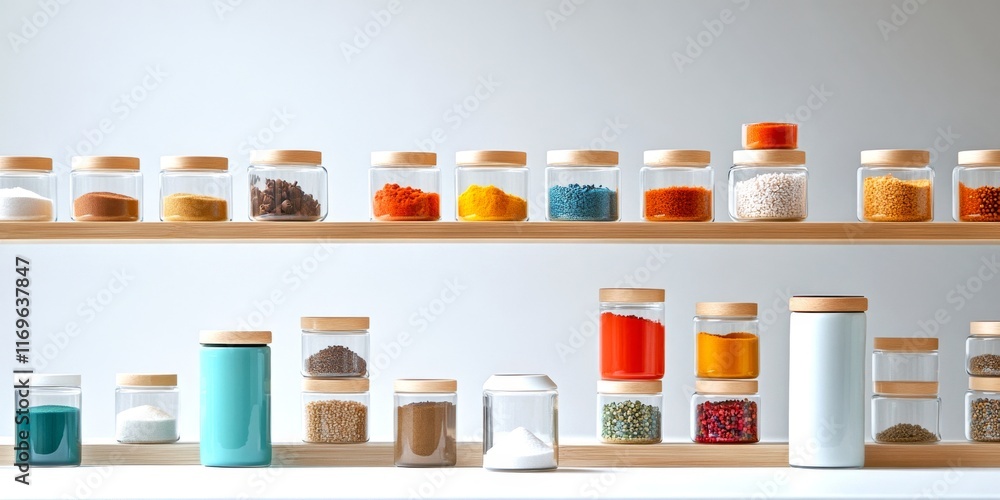 A beautiful display of colorful spice jars on a wooden shelf. The clear containers showcase a variety of spices. Perfect for culinary enthusiasts and stylish kitchens. AI