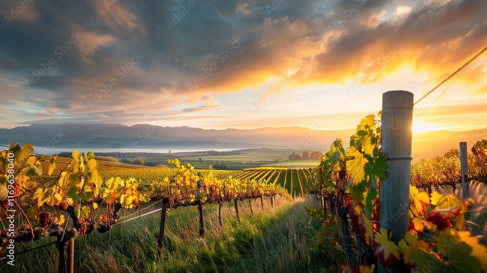 Obraz premium A vineyard with vines in the foreground and the sun setting over distant mountains in the background