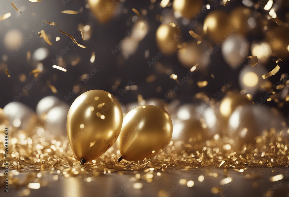 Celebration background with confetti and gold balloons Celebration background with confetti and gold balloons