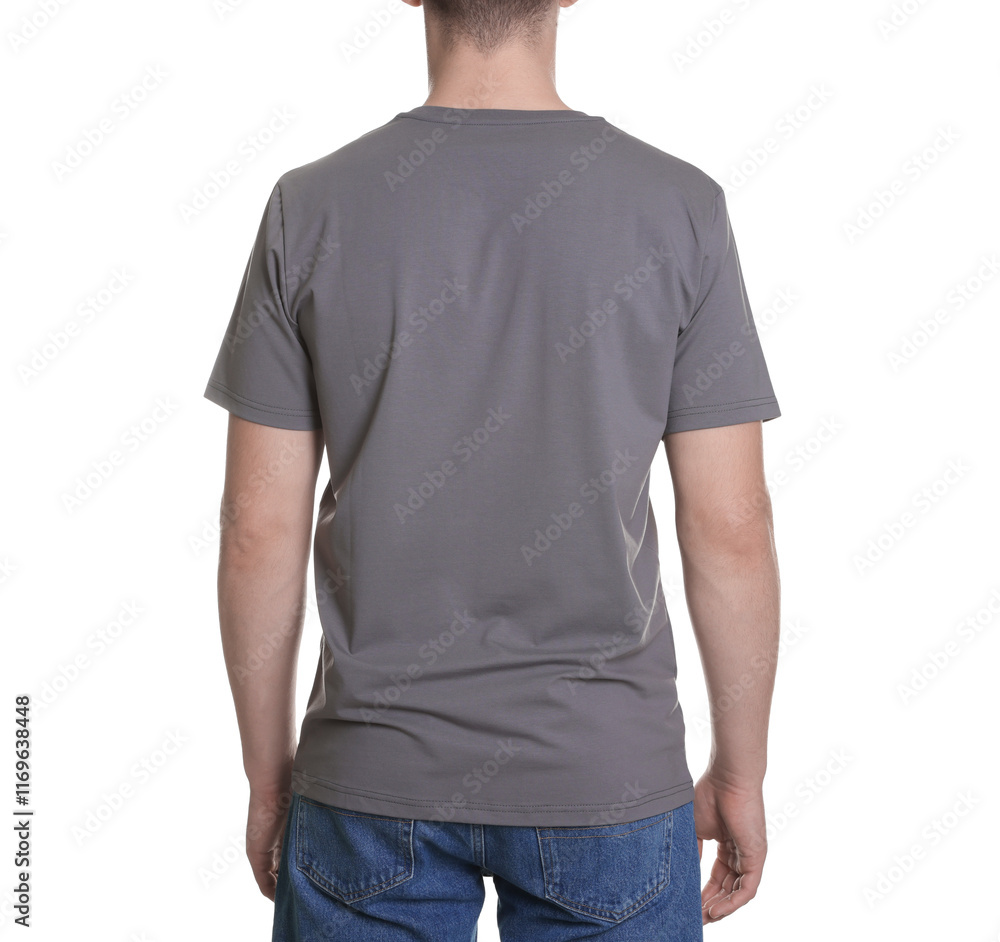Man in stylish t-shirt on white background, back view. Mockup for design Man in stylish t-shirt on white background, back view. Mockup for design