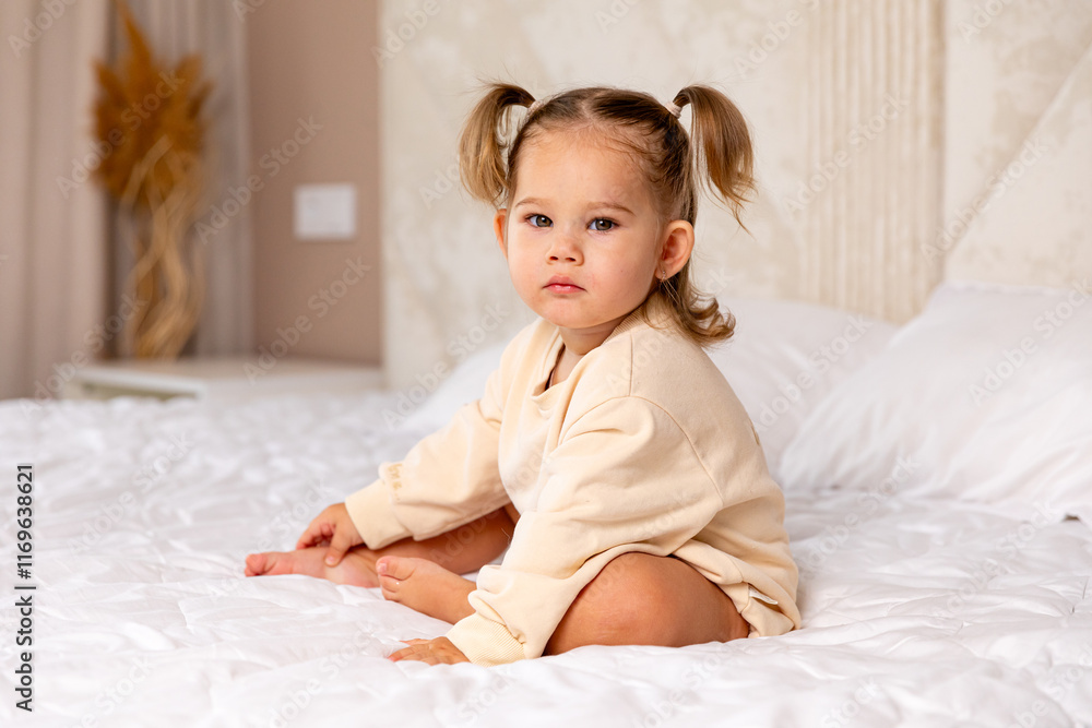 Happy baby in bed. Cute little newborn girl in bodysuit sitting on bed in bedroom. Infant baby resting, playing on blanket at home. Motherhood and childcare concept Happy baby in bed. Cute little newborn girl in bodysuit sitting on bed in bedroom. Infant baby resting, playing on blanket at home. Motherhood and childcare concept