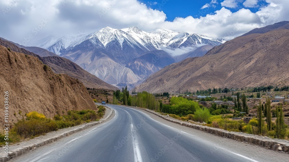 Naklejka premium Mountain Road Winding Through A Village In The Valley