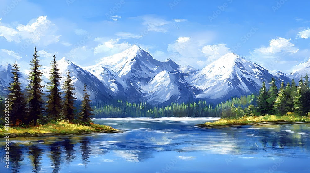 A serene mountain lake surrounded by snow-capped peaks and pine forests A serene mountain lake surrounded by snow-capped peaks and pine forests