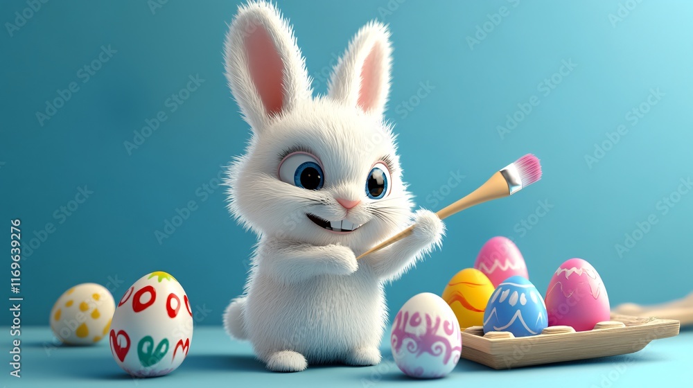 Fototapeta premium Cute Easter Bunny Holding A Paint Brush Coloring Easter Eggs