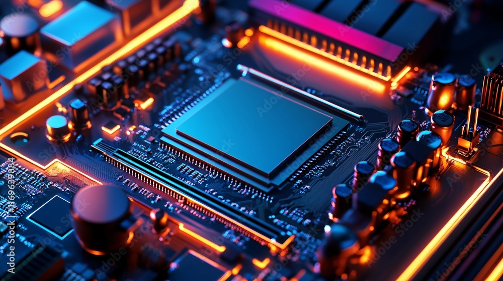 Fototapeta premium Computer CPU Or Central Processing Unit Installed On A Motherboard With Glowing RGB Lighting