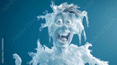 Frozen cartoon man smiling and shouting covered by ice and icicles