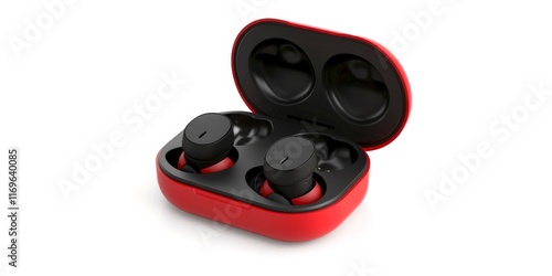 Stylish wireless earbuds in a vivid red case. Perfect for music lovers and professionals. Compact design for on-the-go use. Delivering quality sound and comfort. AI. photo