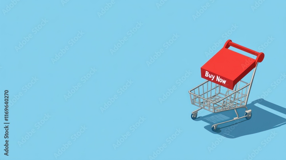 Red Buy Now Box In Shopping Cart On Blue Background Red Buy Now Box In Shopping Cart On Blue Background