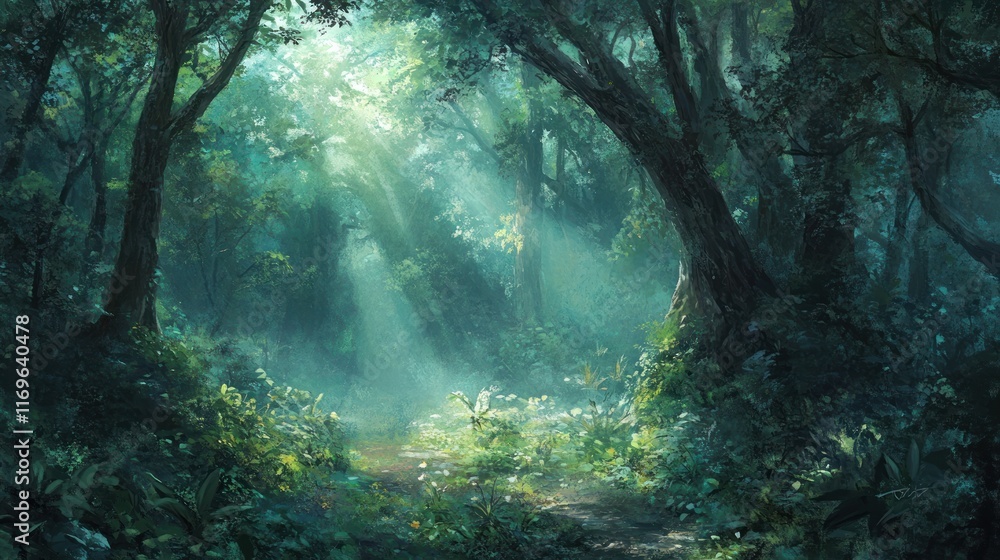 Sunlit Path Through A Lush Green Forest Sunlit Path Through A Lush Green Forest