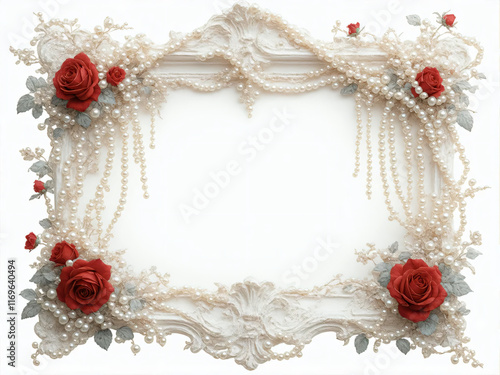 Elegant lace frame with pearls and red roses, clean white background for sophisticated design