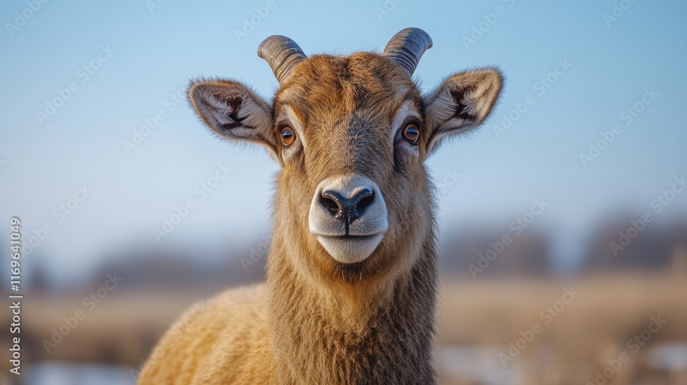 Close-Up Portrait of a Curious Goat Standing in a Serene Pasture with Clear Blue Sky and Soft Focused Background, Capturing the Beauty of Nature and Animal Curiosity in the Calm Countryside Close-Up Portrait of a Curious Goat Standing in a Serene Pasture with Clear Blue Sky and Soft Focused Background, Capturing the Beauty of Nature and Animal Curiosity in the Calm Countryside