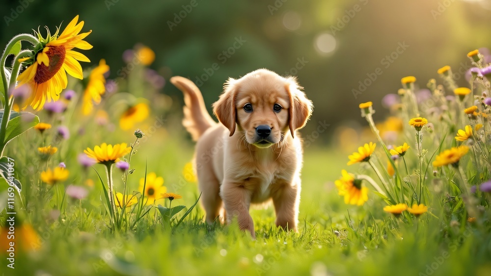 Adorable Golden Retriever Puppy in Sunny Flower Field Adorable Golden Retriever Puppy in Sunny Flower Field