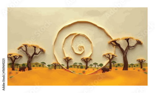 Whimsical African Savanna Scene with Spiral Design