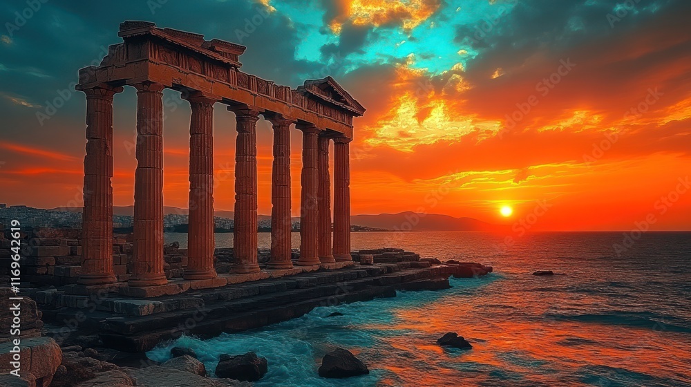 Obraz premium Sunset over ancient Greek ruins by the sea.