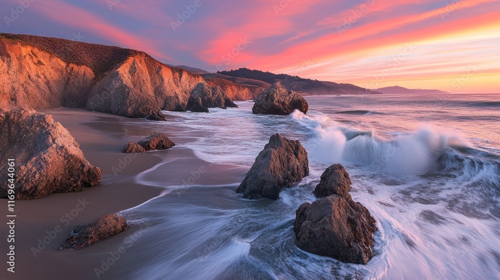 Obraz premium Coastal Rocks Sunset Dramatic Ocean Waves Scene