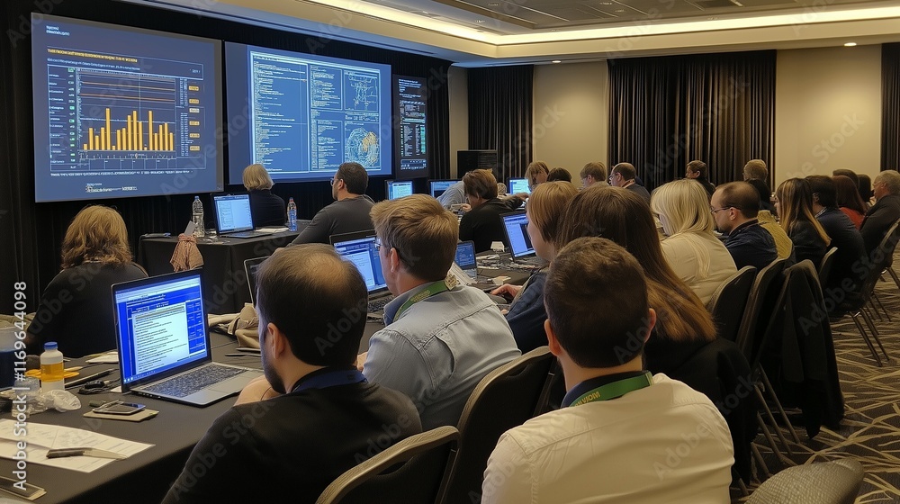 Fototapeta premium session at a medical summit, where small groups discuss the integration of AI in diagnostics